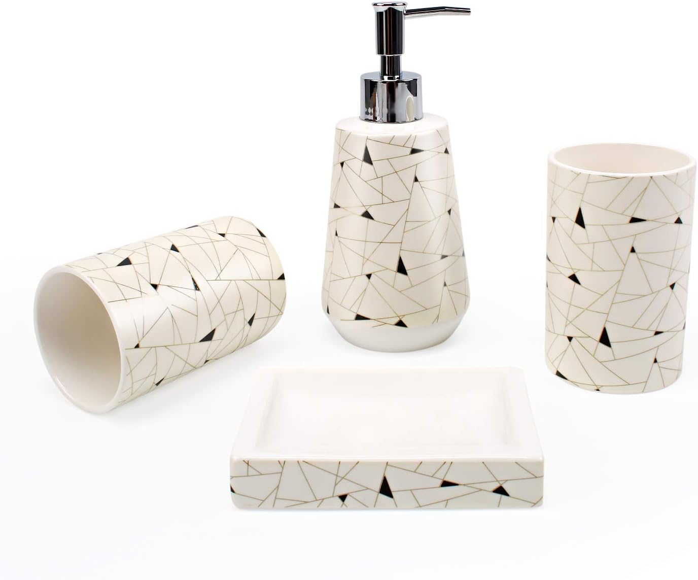 YALONG Ceramic Bathroom Accessories Set White Including 4 Piece Bathroom Accessories Set with Lotion Dispenser, Tumblers, Soap Dish with Irregular Geometry Motifs, Frosted Surface Father's Day