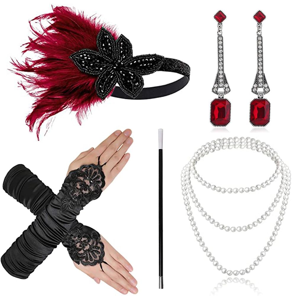 mefound 1920 Accessories Set - Roaring 20's Theme Flapper Costume Gatsby Accessories Set Fashion Vintage Headband Necklace Earrings Long Gloves bracelet Holder For Women