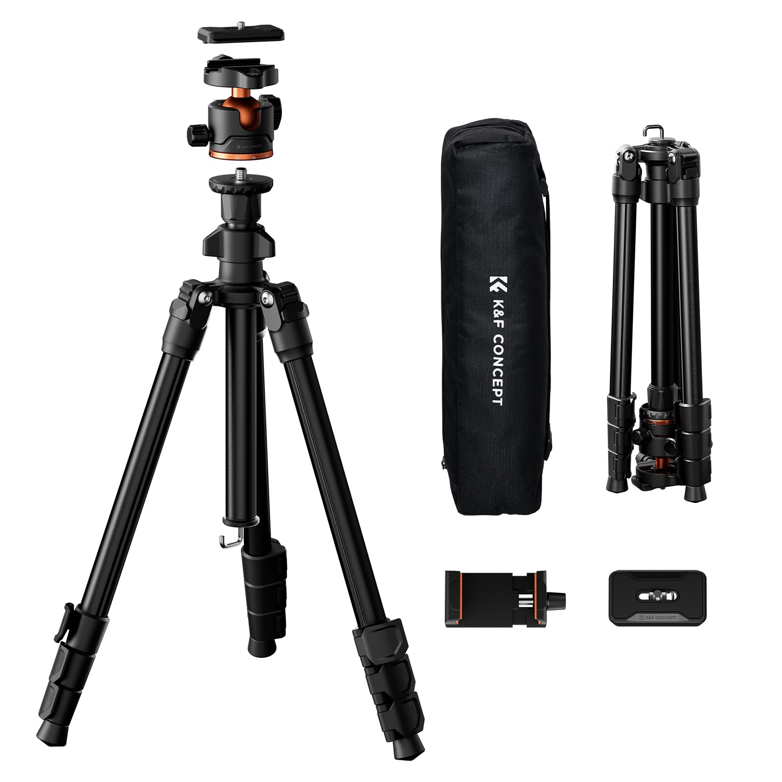 K&F CONCEPT 178cm/70" Compact Camera Tripod, Lightweight Travel Tripod with Ball Head Compatible for CANON/SONY/NIKON Camera, Phone Holder for Smartphone Live Streaming Vlog, Load Capacity 17.6lbs