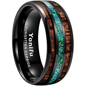 YONIFU 8mm Black Tungsten Ring for Men with Koa Wood and Blue Opal Inlay, Polished Comfort Fit Tungsten Carbide Wedding Band