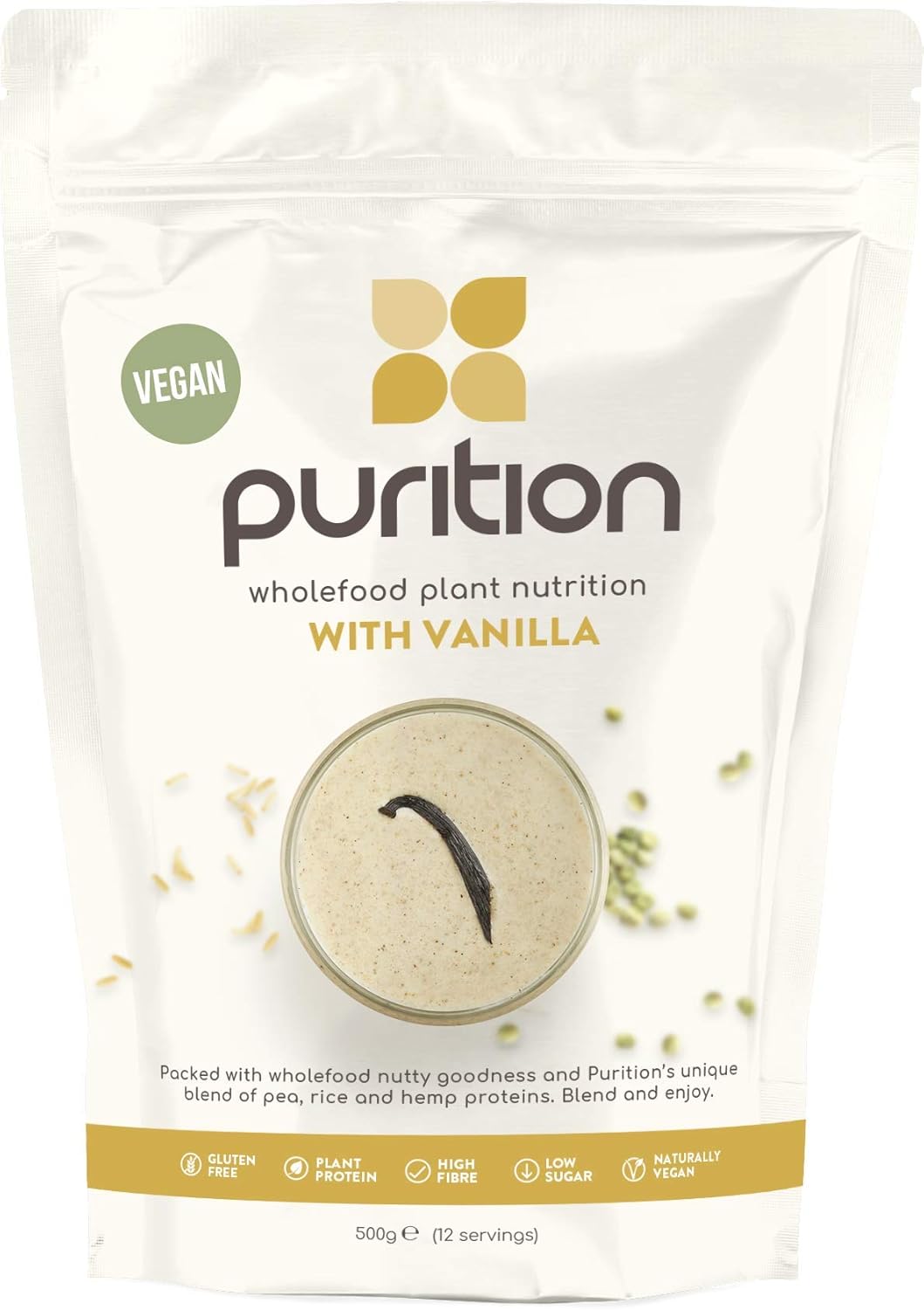 Purition Vegan Vanilla - High Protein Wholefood Shake, 500 g (Pack of 1)