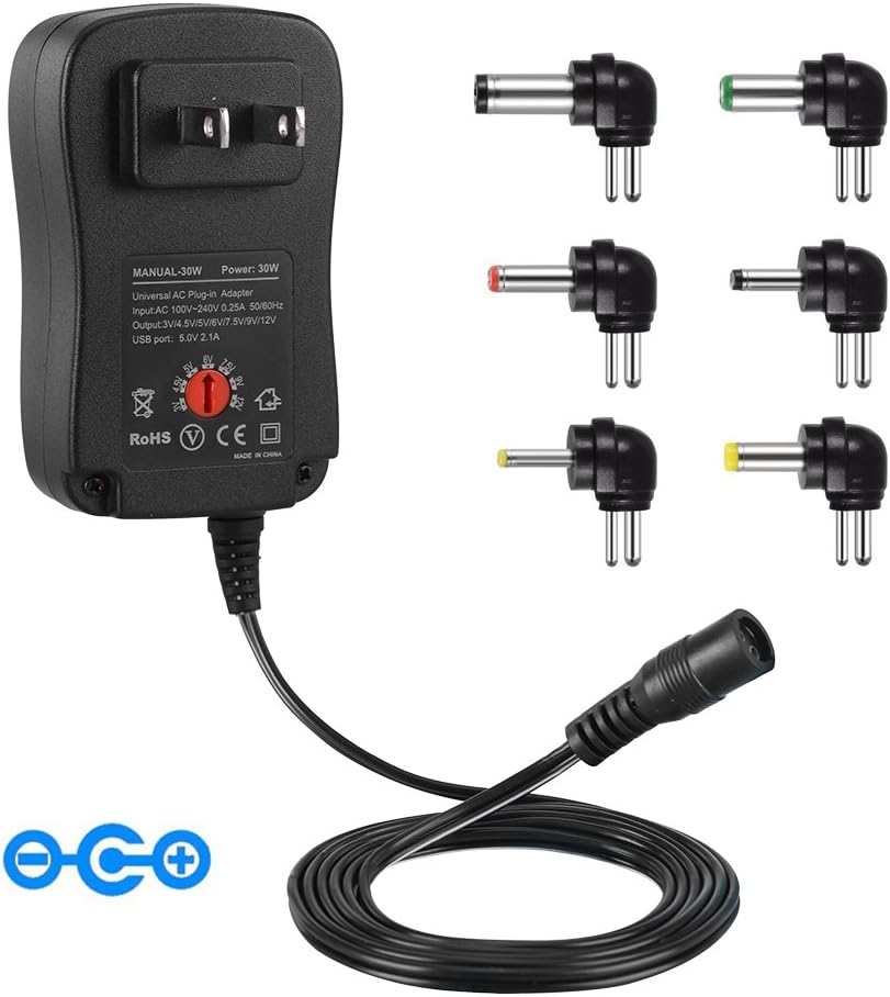 30W Universal AC/DC Adapter, IKOCO 3V 4.5V 5V 6V 7.5V 9V 12V Adapter with 6 Tips for Household Electronics Routers Speakers CCTV Cameras Smart Phone USB Charging Devices