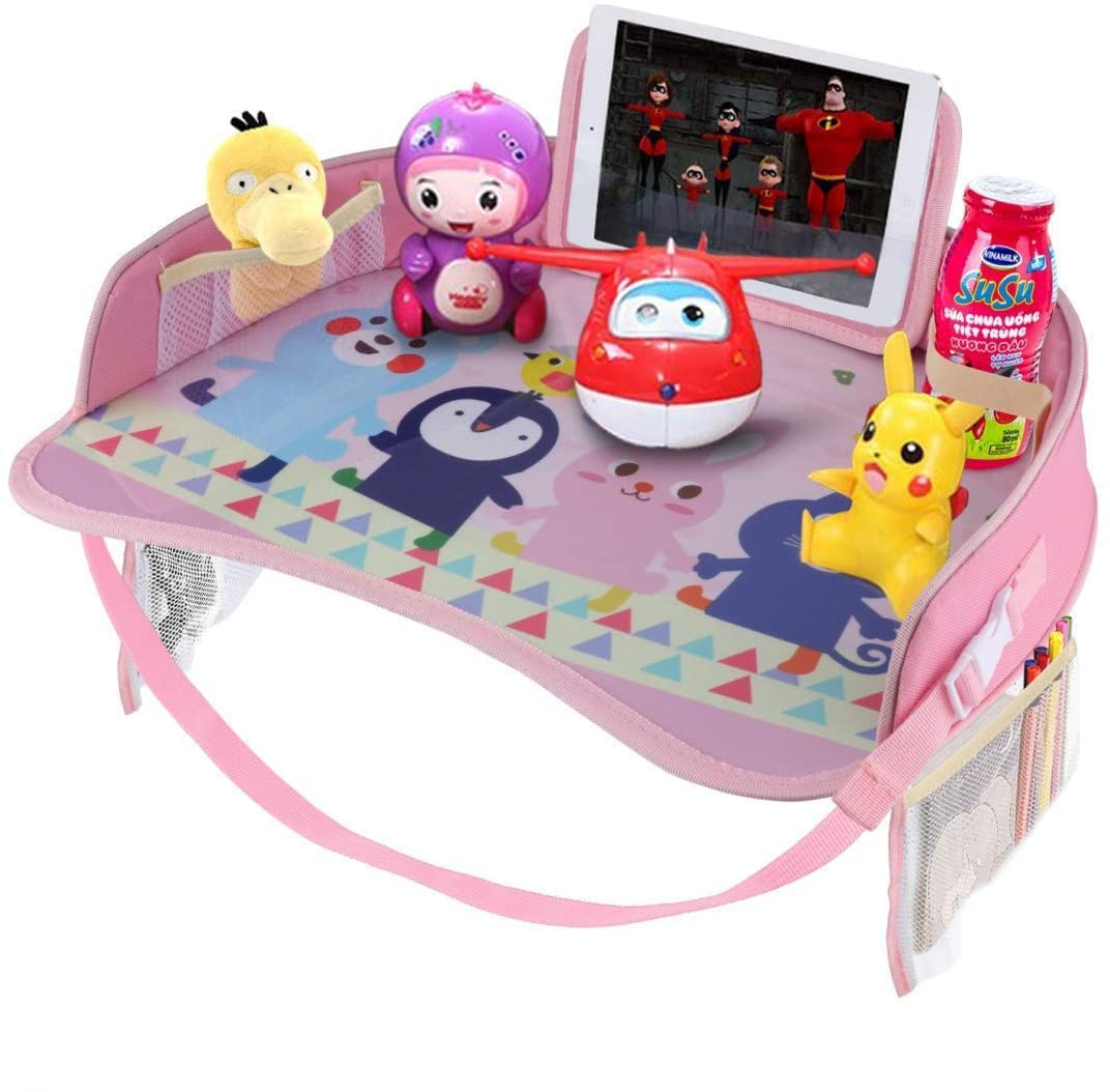 Erlsig Kids Travel Tray Car Seat Activity and Play Tray Organizer for Children and Toddlers Lap Desk with Tablet Phone Holder Waterproof and Foldable - Pink