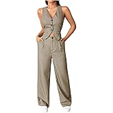 SweatyRocks Women's 2 Piece Solid Sleeveless V Neck Cross Back Button Down Blazer and Pants Business Office Suit Set