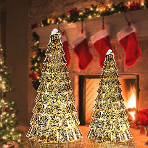 glasburg Light Up Mercury Glass Christmas Tree Tabletop Tree Pack of 2 (Antique Silver)