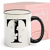 Monogram Ceramic Coffee Mugs, 11 oz Initial Drinking Cup with Gift Box, Unique Birthday Valentines Day Gifts for Women Wife Mothers Day Grandma Mom Aunt, T