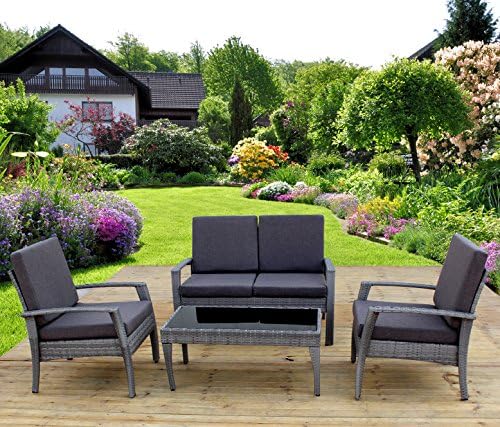 HereDeco 4PCS Patio Rattan Wicker Furniture Set Cushioned Outdoor Wicker Sofa Couch Lawn Chair Table (Gray Wicker)