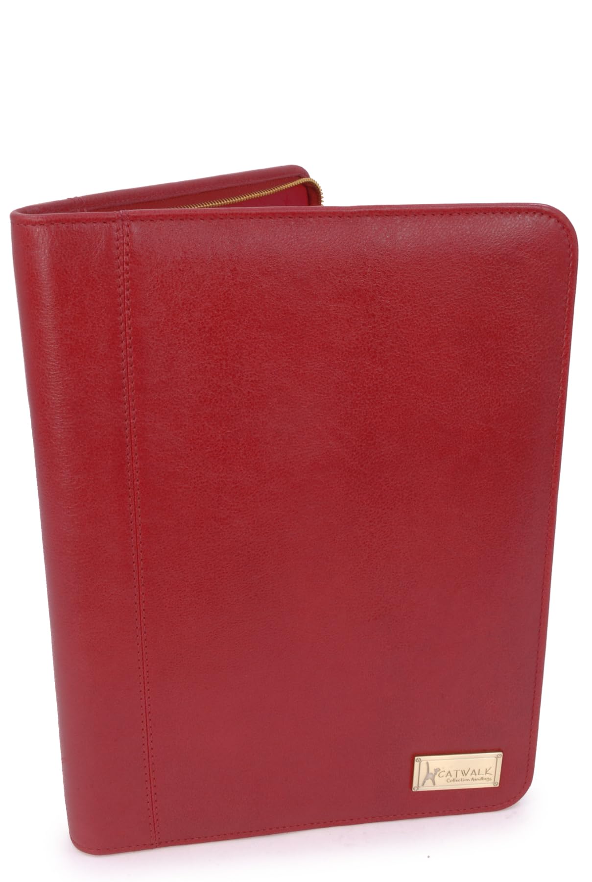 Catwalk Collection Handbags - Women's Leather A4 Zip Conference Folder - Business Document Portfolio with Notepad - Fits Tablet - Chloe - Red