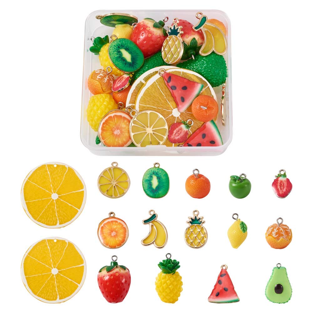 Cheriswelry 30pcs Enamel Resin Fruit Theme Pendants Orange Kiwi Lemon Pineapple Banana Apple Strawberry Dangle Charms Beads for Jewellery Keychain Making