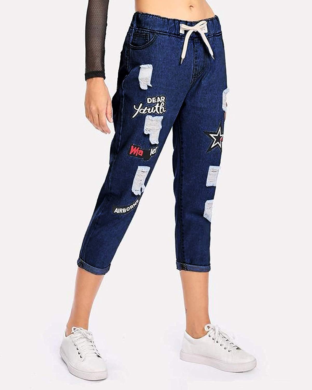 ripped cuffed offset printing jeans