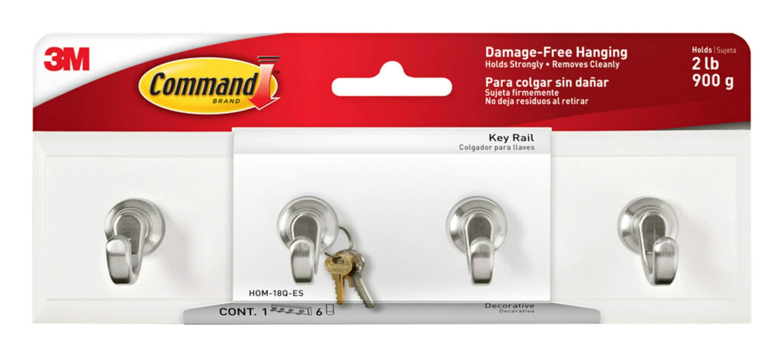Command Key Rail, 1 Rail with 4 Hooks and 6 Adhesive Small Strips, Removable for Entryway or Hallway, Hang Keys, Hats, Dog Leashes, and Accessories - Damage Free Hanging