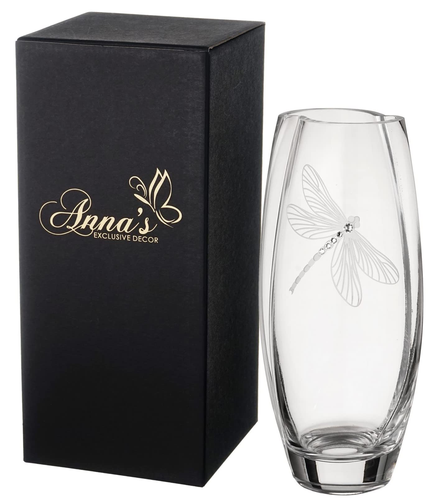 Luxury Handmade Glass Vase - Decorated with Premium Crystals and Etched Dragonfly - Gift Box - Clear Mouth Blown Glass Vase Centerpiece - 26 cm (10.2 in)