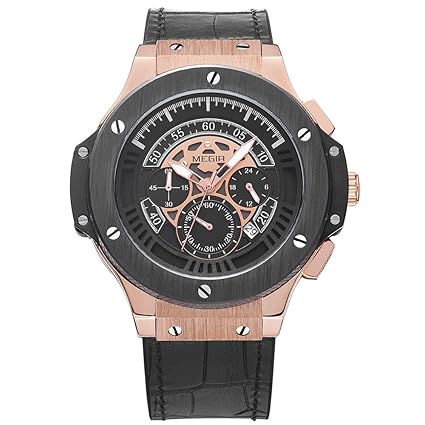 MEGIR Mens Chronograph Army Sports Quartz Wrist Watches Leather 24 Hours Stop Watch Man 2035 Rose Gold