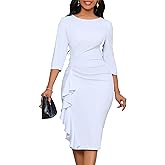 Bdwinz Fitted Work Dresses for Women 3/4 Sleeve Bodycon Ruffle Vintage Pencil Midi Dress