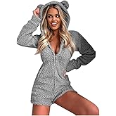 Cdiecer Onesies Pajamas Sherpa Fleece Plush Shorts Jumpsuits Womens Hooded Fuzzy Romper Zipper Bear Sleepwear Playsuits