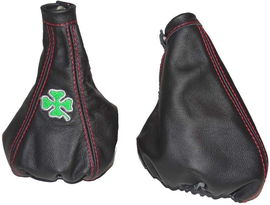 The Tuning-Shop Ltd For Alfa Romeo Mito 2008-2014 Shift & E Brake Boot Black Italian Leather Clover Logo Embroidery