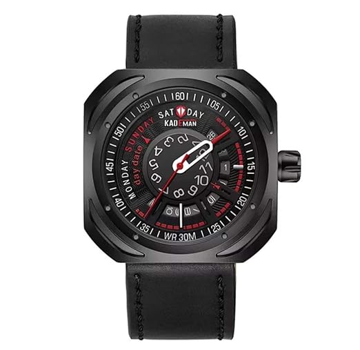 Kademan Black Business Casual Leather Strap Waterproof Unique Time and Date Display Watch for Men and Boys