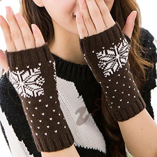 Enlishop Women's Winter Warm Snowflake Christmas Fingerless Knit Gloves Green