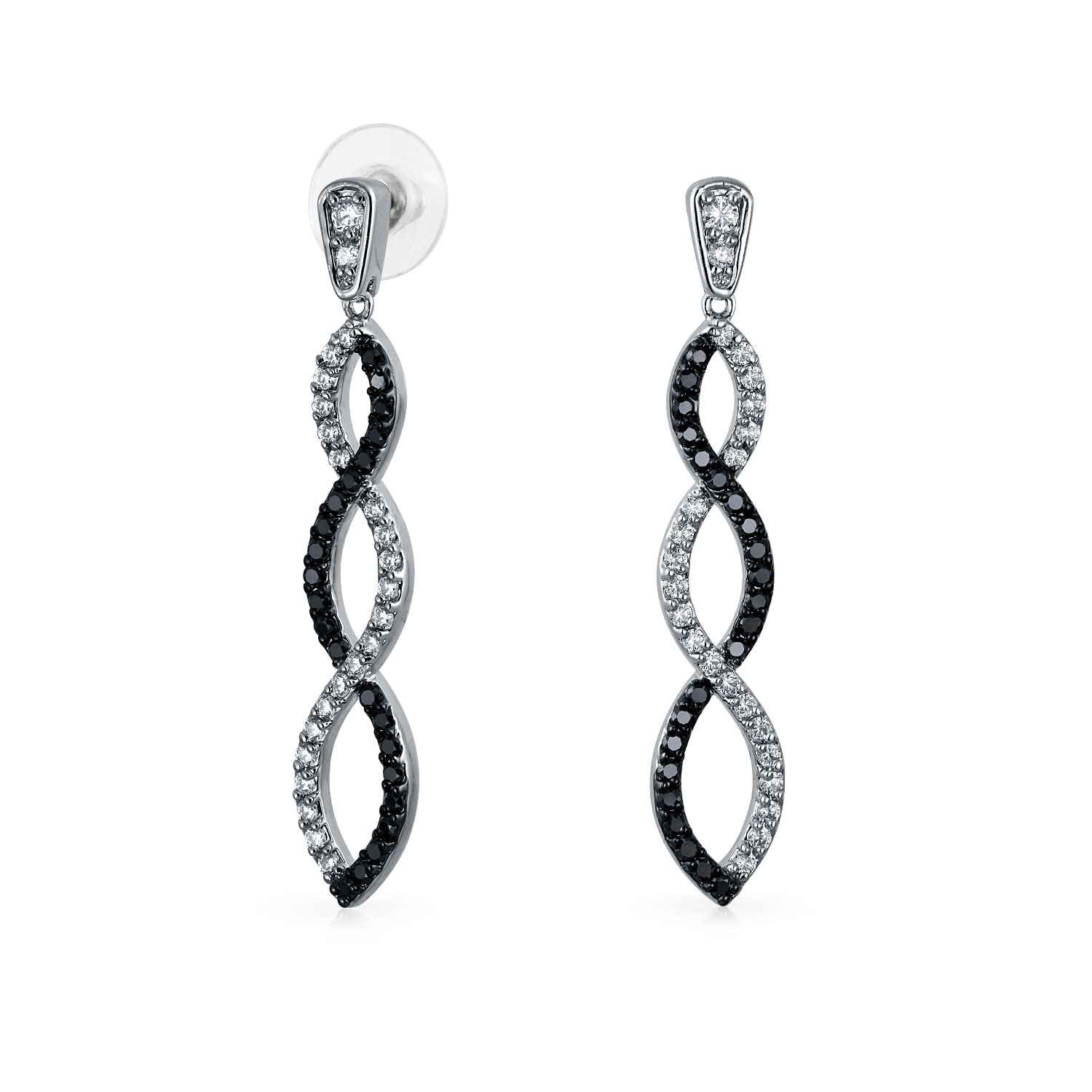 Black White Cubic Zirconia Pave Long Romantic Infinity Twist Drop Earrings For Women Prom Cocktail Party CZ Silver Plated Brass