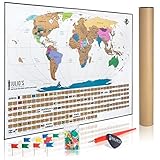 Scratchable World Map Deluxe with FREE Flag Pins, Gift Box and Premium Tool Set + US States and Country Flags - Detailed cartography - Scratch Off Travel Map Tracks Vacation!