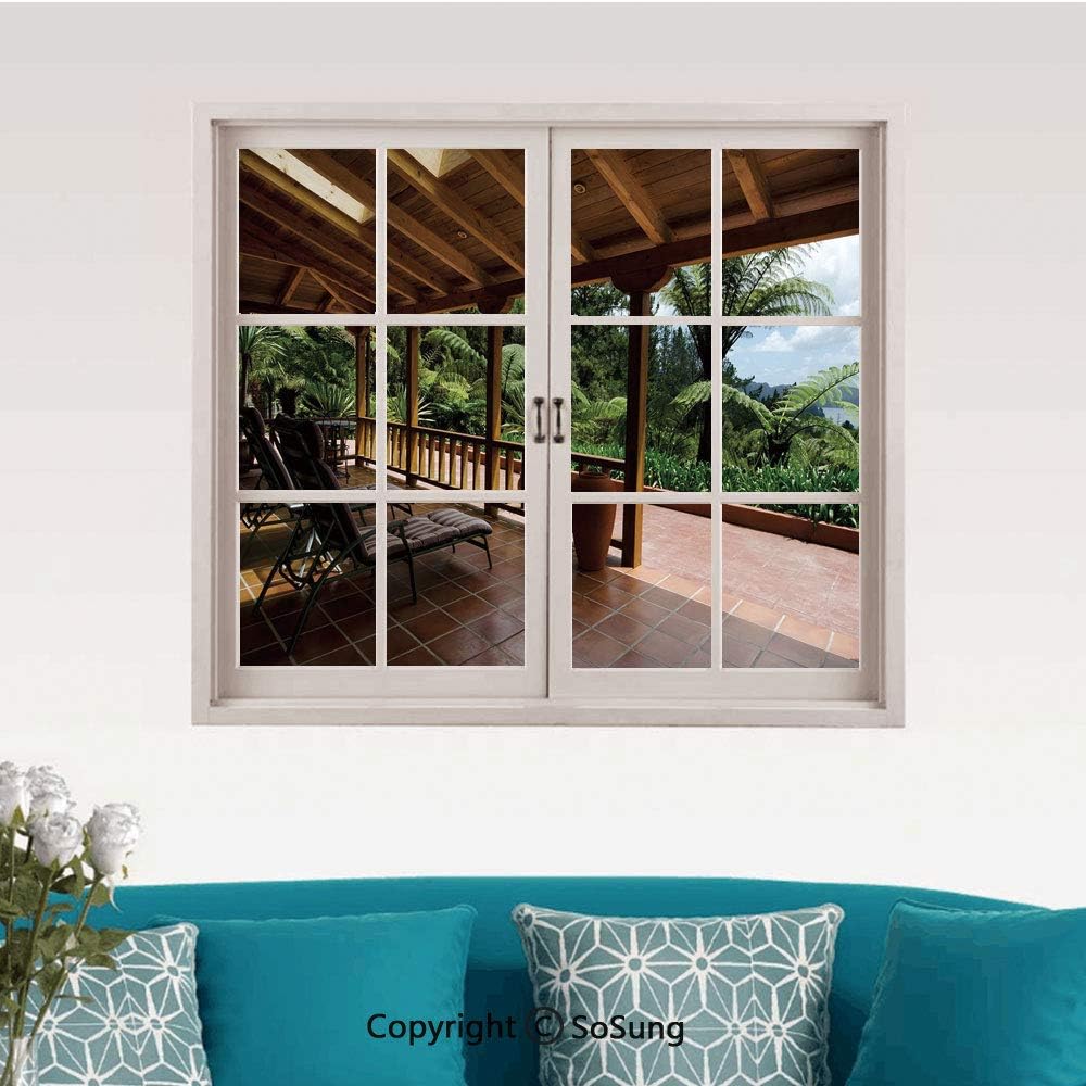 Patio Decor Removable Wall Sticker/Wall Mural,Sub Tropical Wooden Terrace Near Bushes and Grass Villa Yard Lifestyle Creative Close Window View Wall Decor,24"x32",for Bedroom & Living Room&Study Roo