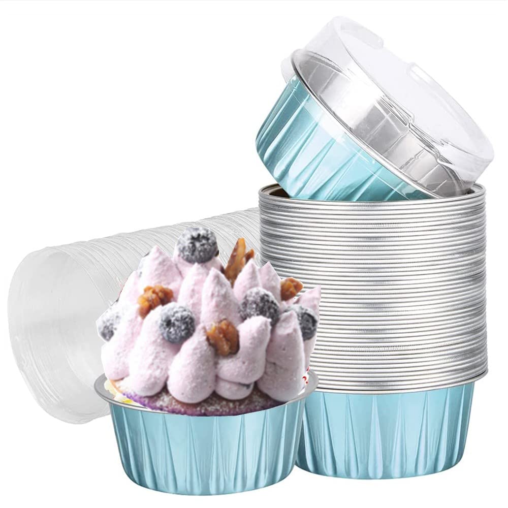 Cupcake Baking Cupswith Lids, 50pcs 5oz 125ml Muffin Liners Cups with Lids,Disposable Foil Baking Cups,Aluminum Foil Creme Brulee Cupcake Holders Pan Containers (Kafran)