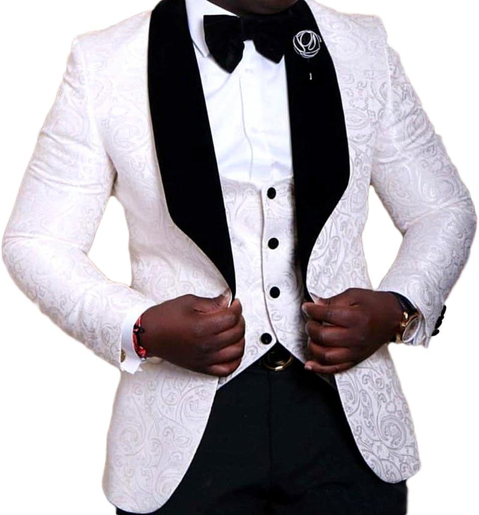 auguswu One Button Jacquard Weave Mens Slim Fit Tuxedos Suits 2 Piece Sets