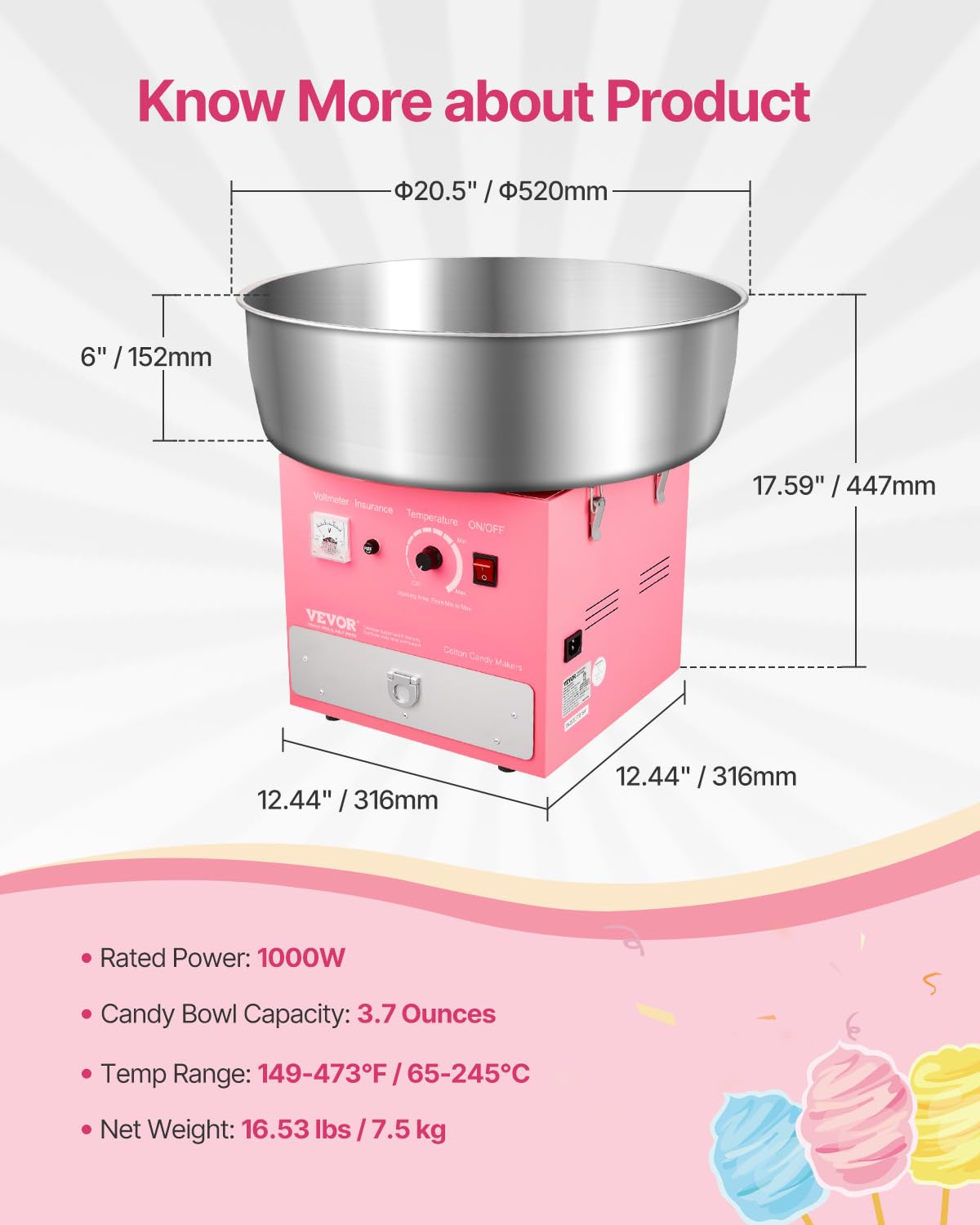 VEVOR elektrische Zuckerwattemaschine kommerzielle Zuckerwattegeräte (1000 W) mit 52 cm Edelstahlschüssel & Zuckerlöffel & Schublade, perfekt für Kindergeburtstage Familienfeiern Partys Rosa 7