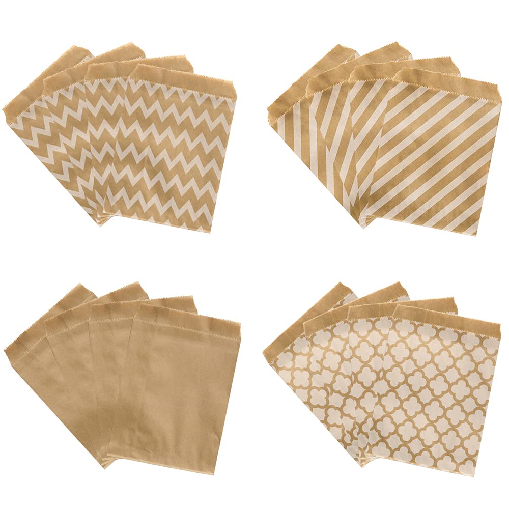 100 Pack Kraft Paper Candy Bags, Small Kraft Paper Gift Bags, 4 Designs, Food Grade Gift Bags for Biscuits, Sweets, Chocolates, Party Favours, Wedding Favours, Brown