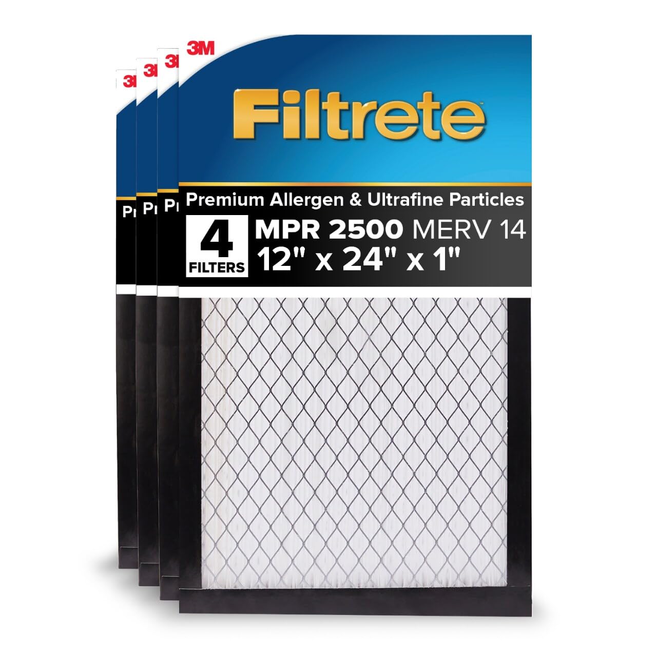 Filtrete 12x24x1 AC Furnace Air Filter, MERV 14, MPR 2500, High Performance Premium Allergen, Ultrafine Particles, Bacteria & Virus Filter, CERTIFIED Asthma & Allergy Friendly, 4-Pack