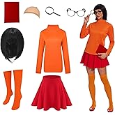 Gumyawl Halloween Costume for Women Classic Movie Costumes with Orange Turtleneck Top Bob Wig 8Pcs Adult Cosplay Set
