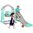 Arlopu Toddler Slide and Swing Set, 4 in 1 Kids Play Climber Slide Playset w/Ball Hoop Extra Long Slide Extra Ball, Baby Swing for Indoor Outdoor Playground, Easy Set-Up, 3 Years Old (Cool Summer)