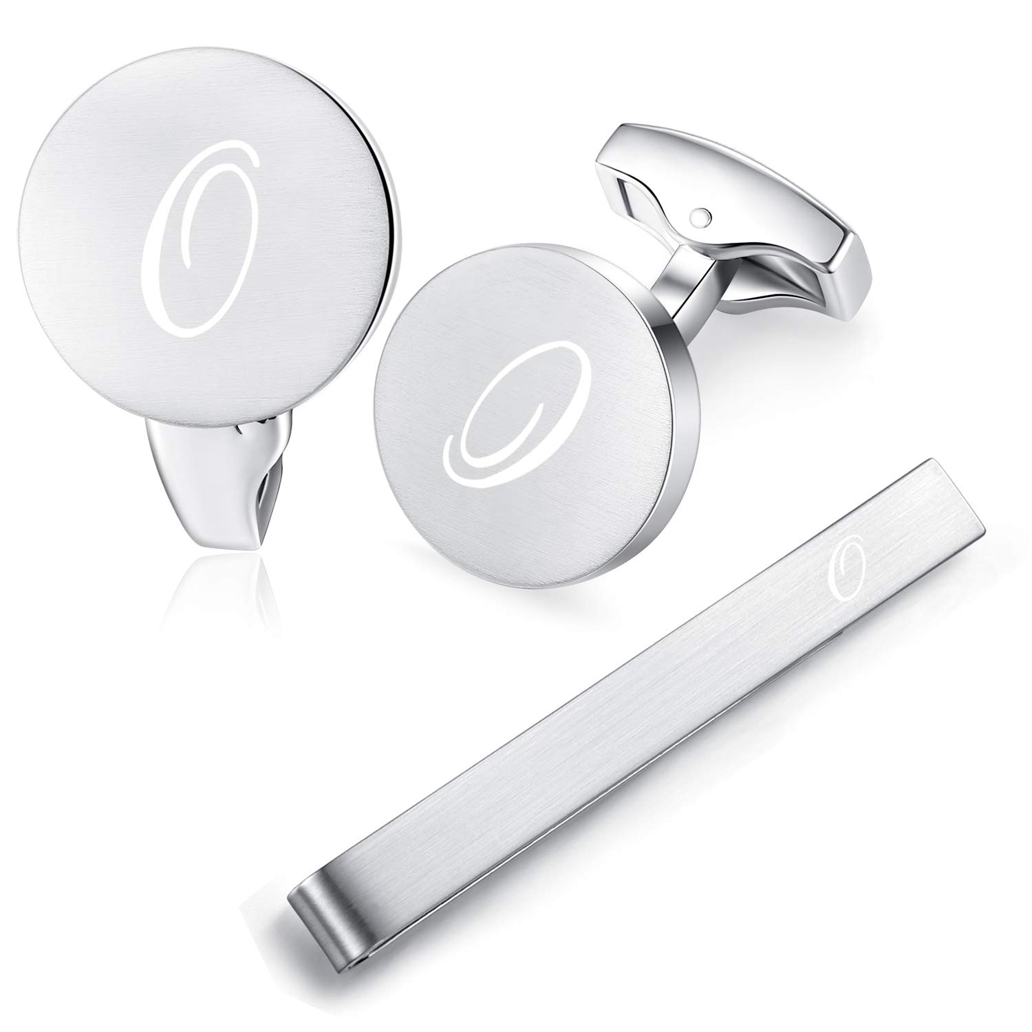 HONEY BEAR Initial Alphabet Letter Cufflinks Tie Clip Set for Mens - Round Stainless Steel, for Business Wedding Gift,Brushed Silver (O)