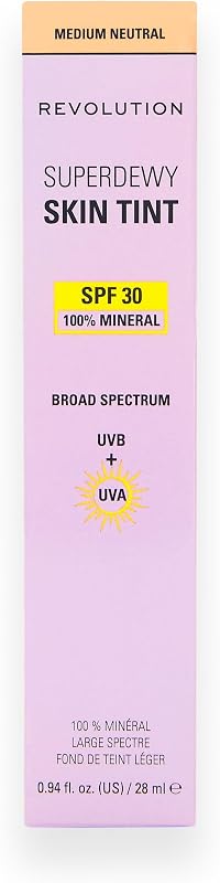 Revolution Superdewy SPF30 Skin Tint, Tinte Facial Ligero SPF 30 para Piel Sensible y con Tendencia Acneica, Cobertura Modulable, Vegano, Medium Neutral, 28 ml