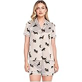 QUGRL Pajamas for Women Set Short Sleeve Happy Dachshund Dogs Pj Sets for Woman with Pockets Cartoon Cute Womens Lounge Set Sleepwear Nightwear Medium