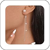 Andelaisi Boho Pearl Drop Earrings Silver Long Pearl Tassel Earrings Vintage Pearl Chain Earrings Tiny Pearl Dangle Earrings Jewelry for Women