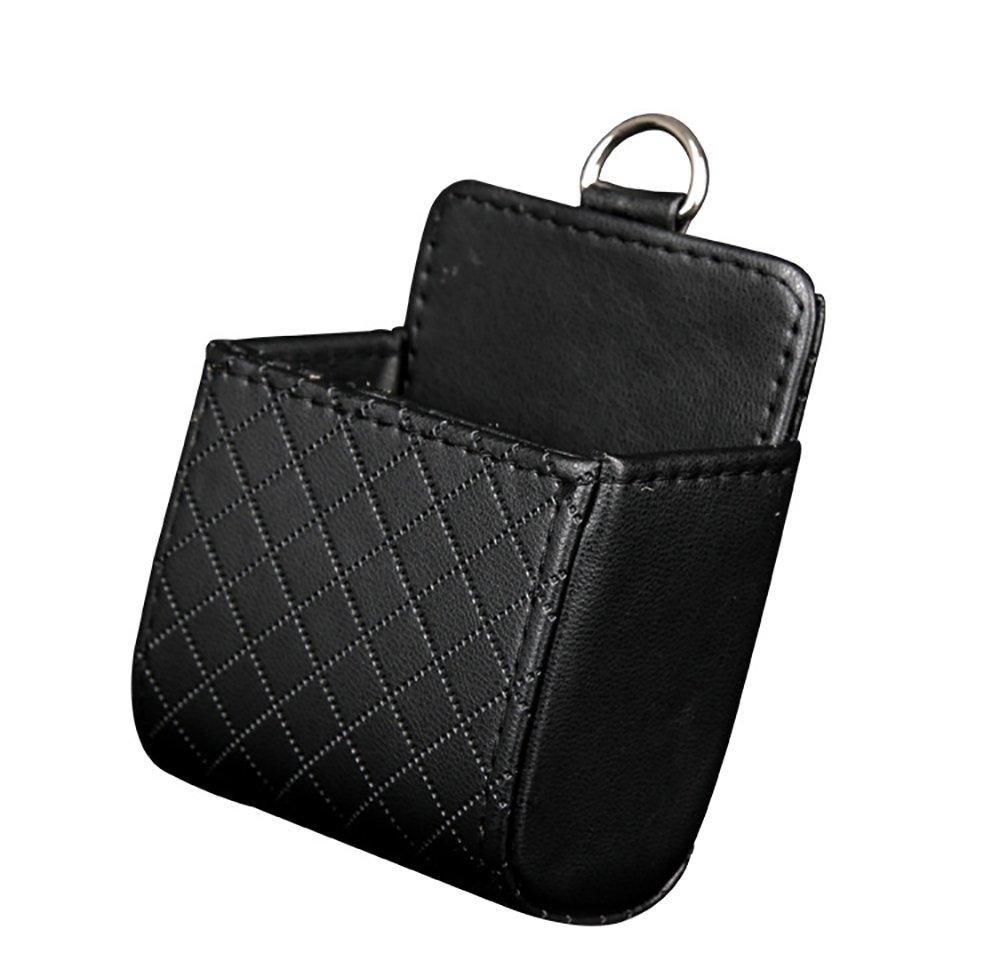 Pevor Car Auto Seat Back Interior Air Vent Cell Phone Holder Pouch Bag Box PU Leather Tidy Storage Coin Bag Case Organizer with Hook (Black)