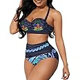 GLUDEAR Women Haitian Flag Print High Waisted Bikini Set Two Piece Tummy Control Vintage Swimsuit Halter Bathing Suit
