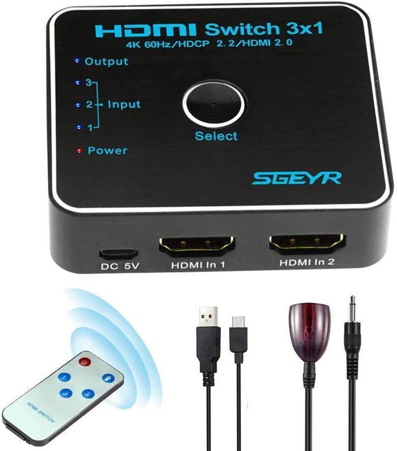 SGEYR 4K@60Hz HDMI Switcher 3X1 HDMI Switch 2.0 HDR HDCP 2.2 Switcher HDMI Auto Switch 3 in 1 Out,Hdmi Switch Selector Box 3x1,Plug & Play No Driver, HDMI Switcher Hub, IR with Remote