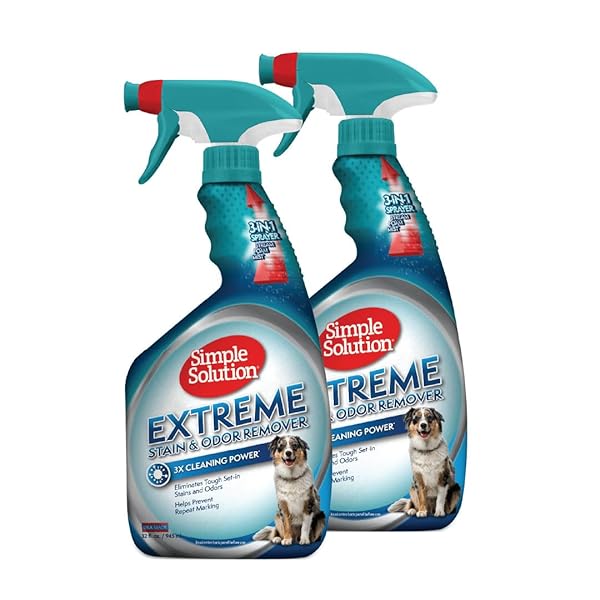 SIMPLE SOLUTION EXTREME PET STAIN AND ODOR ELIMINATOR SPRAY FOR DOGS & CATS, ENZYME CLEANER WITH 3X PRO-BACTERIA CLEANING POWER- STRONG URINE PEE & POOP CARPET & FLOOR STAIN REMOVER, 32 OZ (PACK OF 2)