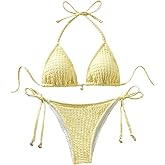Verdusa Women's 2 Piece Textured Halter Bikini Set Self Tie Triangle String Swimsuit Summer Beachwear