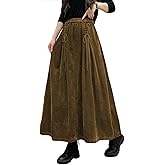 ebossy Women's Corduroy Maxi Skirt Elastic High Waist Drawstring Tie Front A-Line Pleated Long Skirt with Pockets