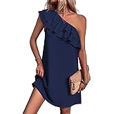 Floerns Women's One Shoulder Tiered Layered Sleeveless Ruffle Trim Tunic Dress