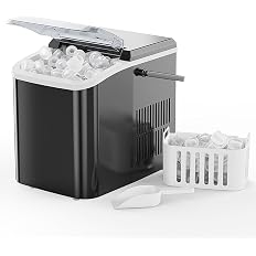The ice maker with a full basket of bullet-shaped ice cubes.