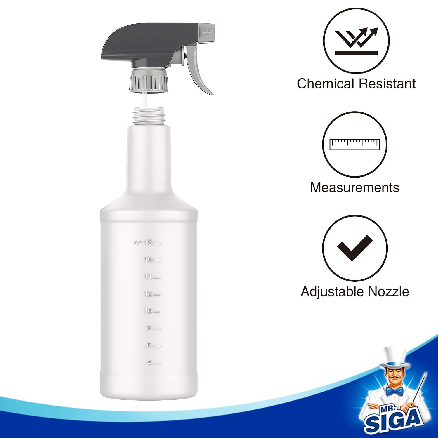 MR.SIGA 24 oz Plastic Spray Bottles for Cleaning Solutions HDPE Commercial Grade Refillable Water Spray Bottle with Measurements and Adjustable Leak Proof Nozzle - Image 5