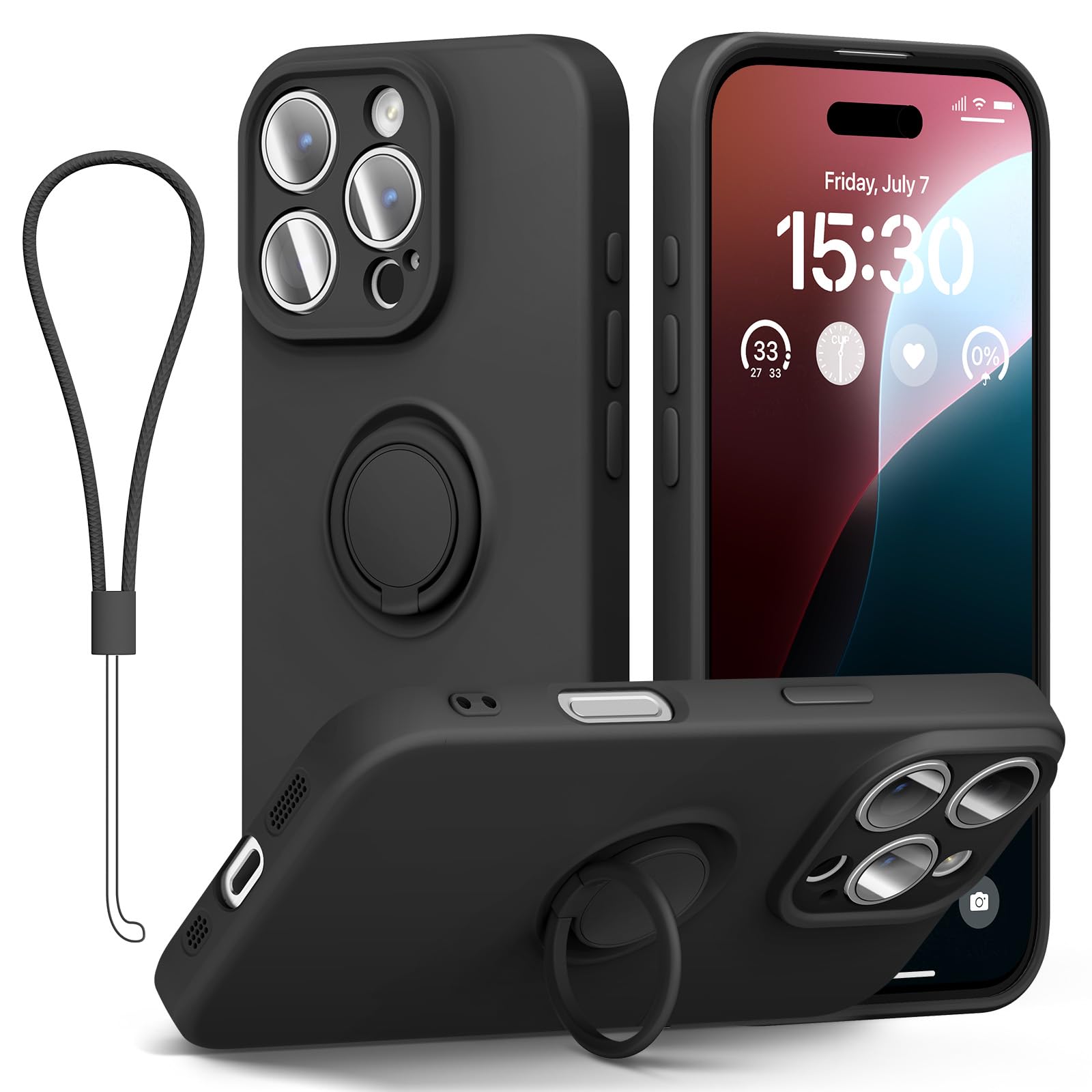 abitku for iPhone 16 Pro Max Case with Ring Stand, Liquid Silicone Slim Design Support Magnetic Car Mount (with Wrist Strap Lanyard) Phone Cover for iPhone 16 Pro Max 6.9 inch (Black)