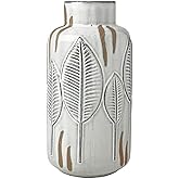 Mikasa Embossed Leaves White and Beige Ceramic Vase, 5.31x5.31x10.63 Inch