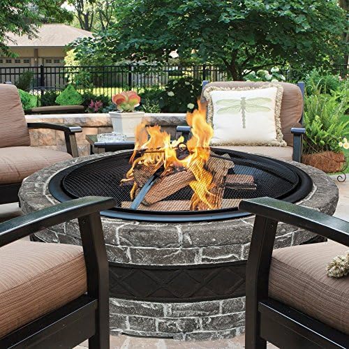 Most Popular Cast Stone Rock Large 35" Round Circular Beautiful Wood Burning Fire Pit Circular Arc Warming Space Center- Perfect For Patio Pool Deck Yards- Mesh Screen Spark Protection- Contemporary