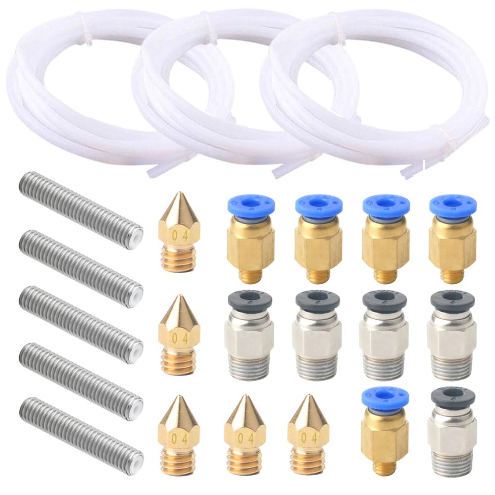 QitinDasen 3 Meters 3D Printer PTFE Teflon Tube, with 6 Pieces PC4-M6 Pneumatic Connector, 6 Pieces PC4-M10 Pneumatic Connector, 5 Pieces 0.4 mm Nozzle and 5 Pieces M6 X 30 mm Throat Tube