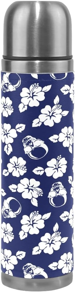 DragonSwordlinsu COOSUN Hibiscus Skull Pattern Stainless Steel Thermos Water Bottle Vacuum Insulated Cup Leak Proof Double Vacuum Bottle, PU Leather Travel Thermal Mug,17 oz
